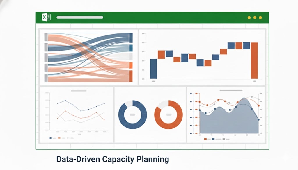 Capacity planning dashboard showing team utilization, workload forecasts, and hiring recommendations