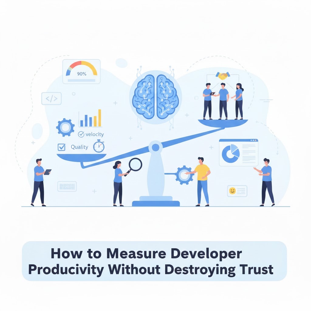 Developer productivity dashboard showing balanced metrics: velocity, quality, collaboration, and impact