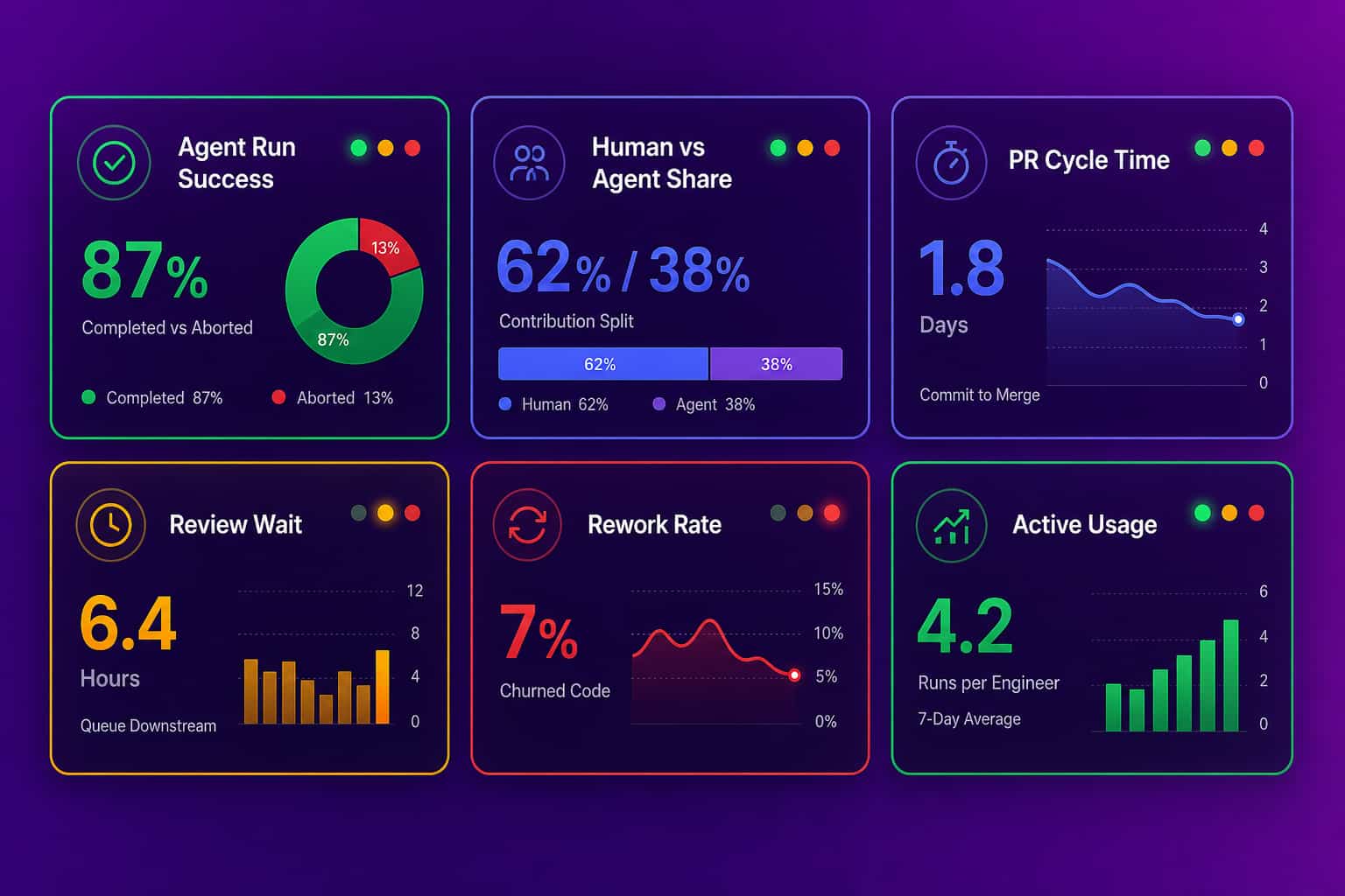 Six indicator cards for evaluating an agentic coding tool: agent run success, human versus agent share, PR cycle time, review wait, rework rate, and active usage