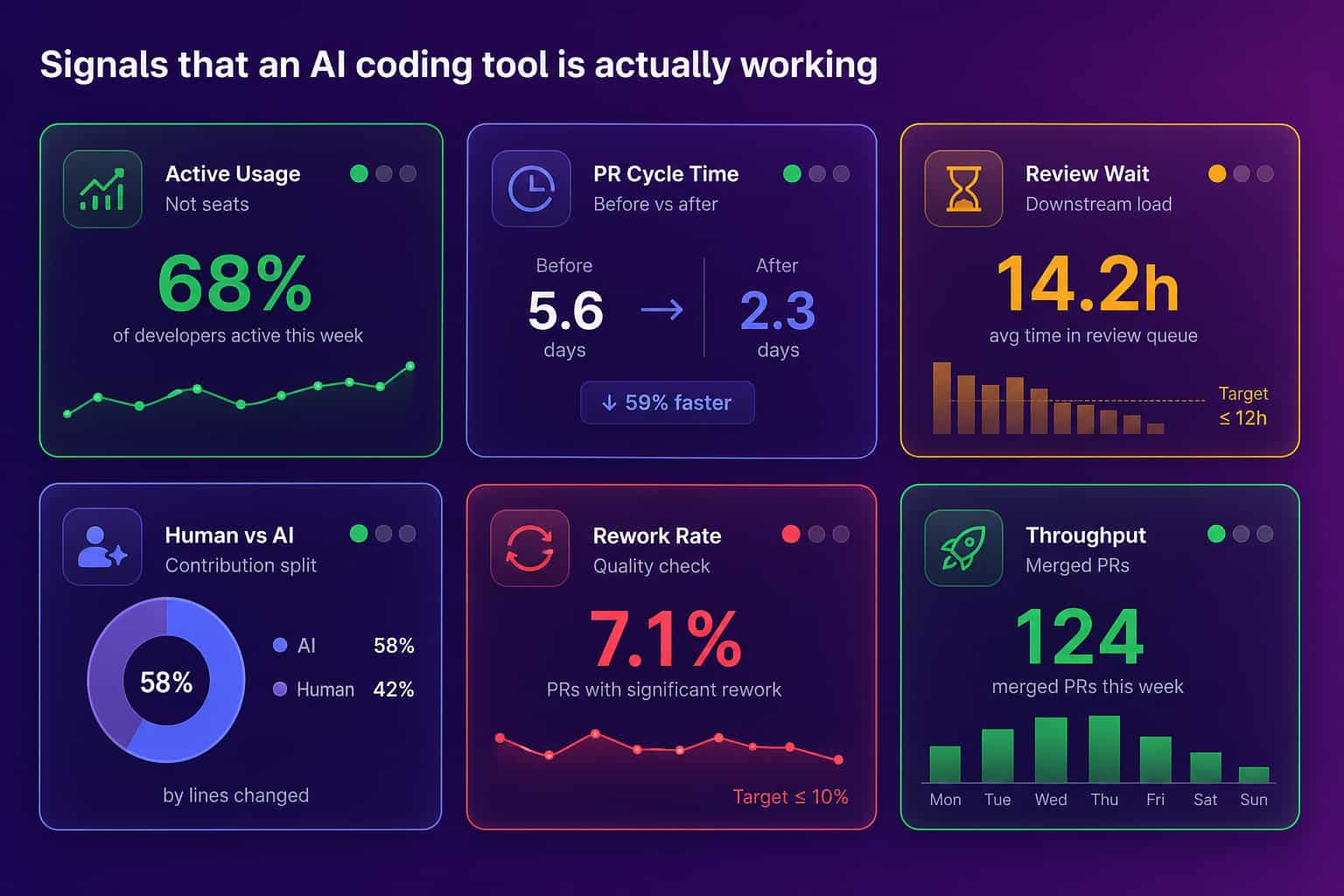 Six indicator cards for AI coding tool signals: active usage, PR cycle time, review wait, human vs AI share, rework rate, and throughput