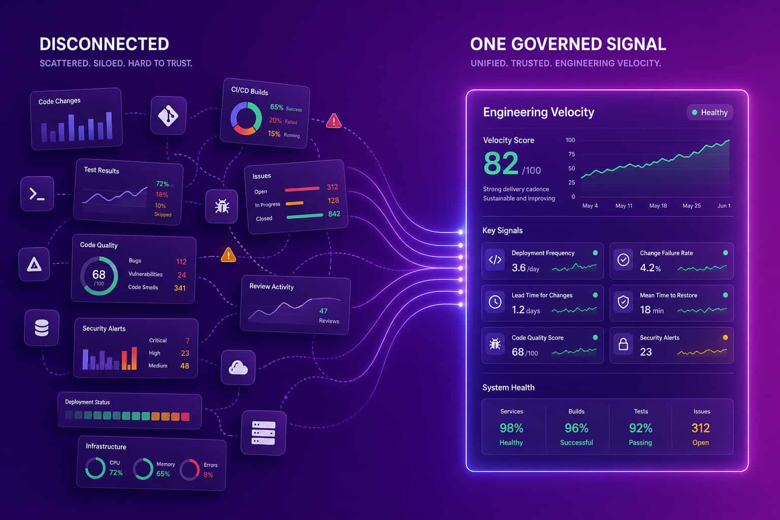 Concept image contrasting a sprawling, disconnected AI developer tools stack with one governed engineering velocity signal