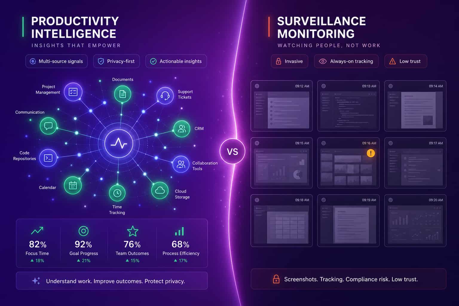 Privacy-first productivity intelligence on the left, dim surveillance monitoring panel on the right, separated by a soft seam