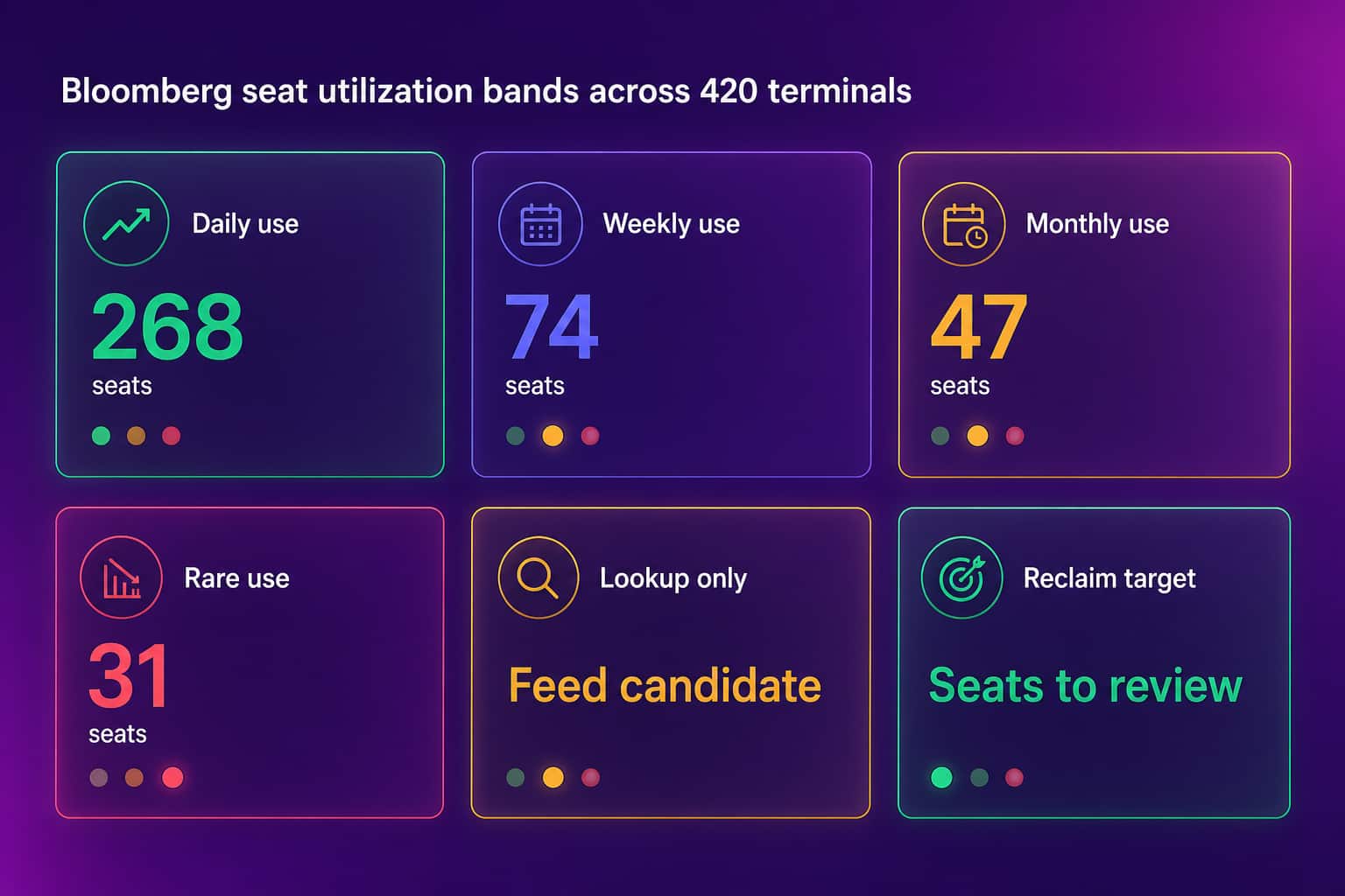 Bloomberg seat utilization bands across a fleet showing daily use, weekly use, monthly use, and rare use seats as candidates to review