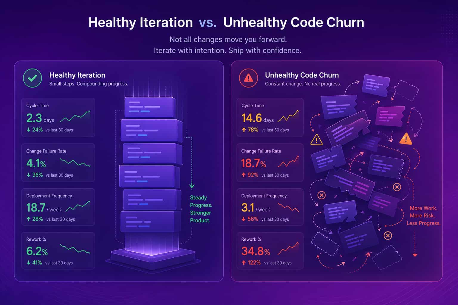 Two contrasting panels: calm steady code blocks settling into place versus chaotic blocks being torn out and rewritten