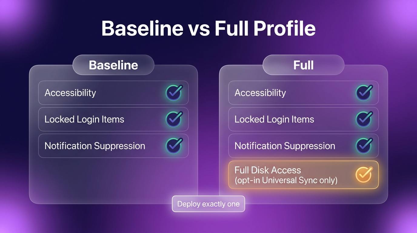Side-by-side comparison of the Abloomify Baseline and Full configuration profiles, showing Baseline granting Accessibility plus locked login items and Full adding Full Disk Access for opt-in Universal Sync only