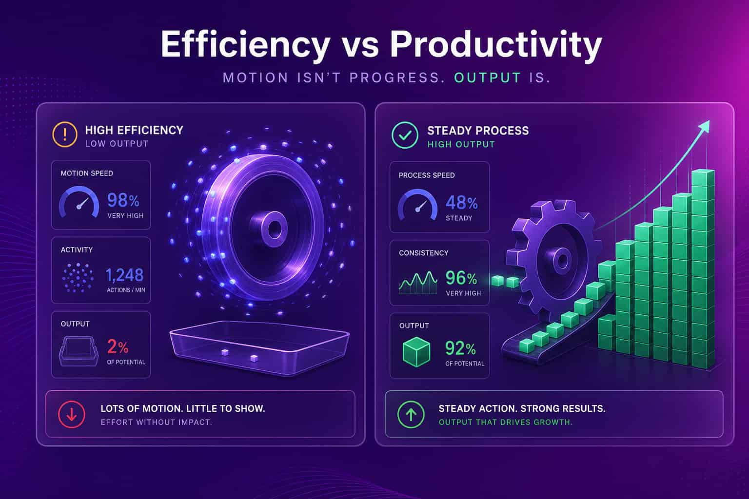 Efficiency as fast motion with an empty output tray beside productivity as a steady gear feeding a full stack of finished work into a rising results chart