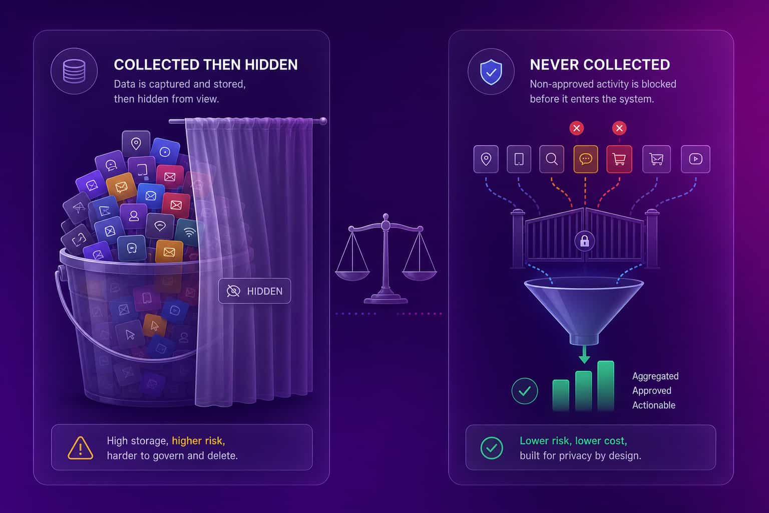 GDPR data minimization shown as two panels: raw employee activity collected then hidden on the left, and a capture-time allowlist that never collects non-approved data on the right