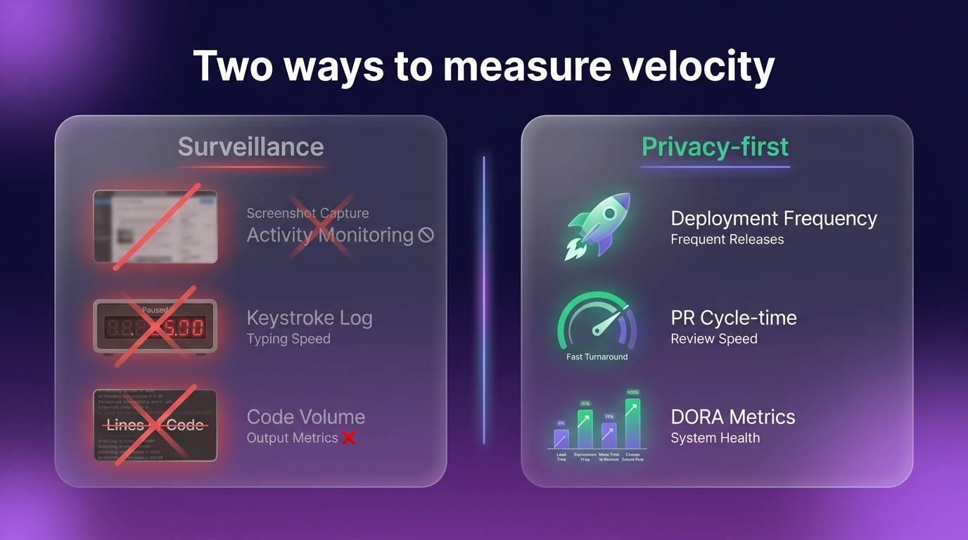 Two ways to measure engineering velocity contrasted: a dimmed surveillance panel with screenshots and keystroke tracking versus a privacy-first panel with deployment frequency and PR cycle time