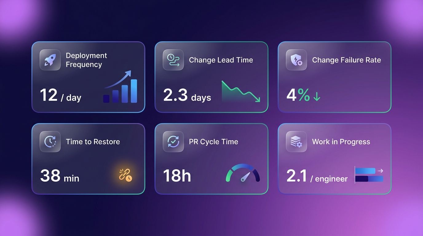 Engineering velocity dashboard with DORA and flow metrics: deployment frequency, change lead time, change failure rate, time to restore, PR cycle time, and work in progress