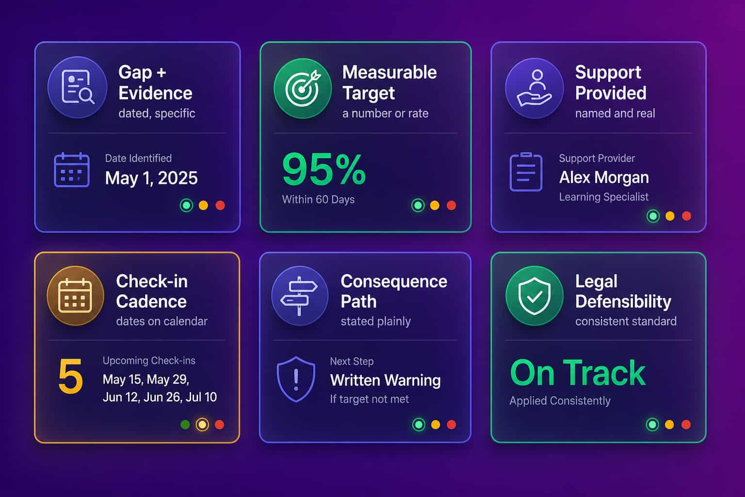 Dashboard mockup showing goal progress, review history, and delivery signals feeding a performance improvement plan template