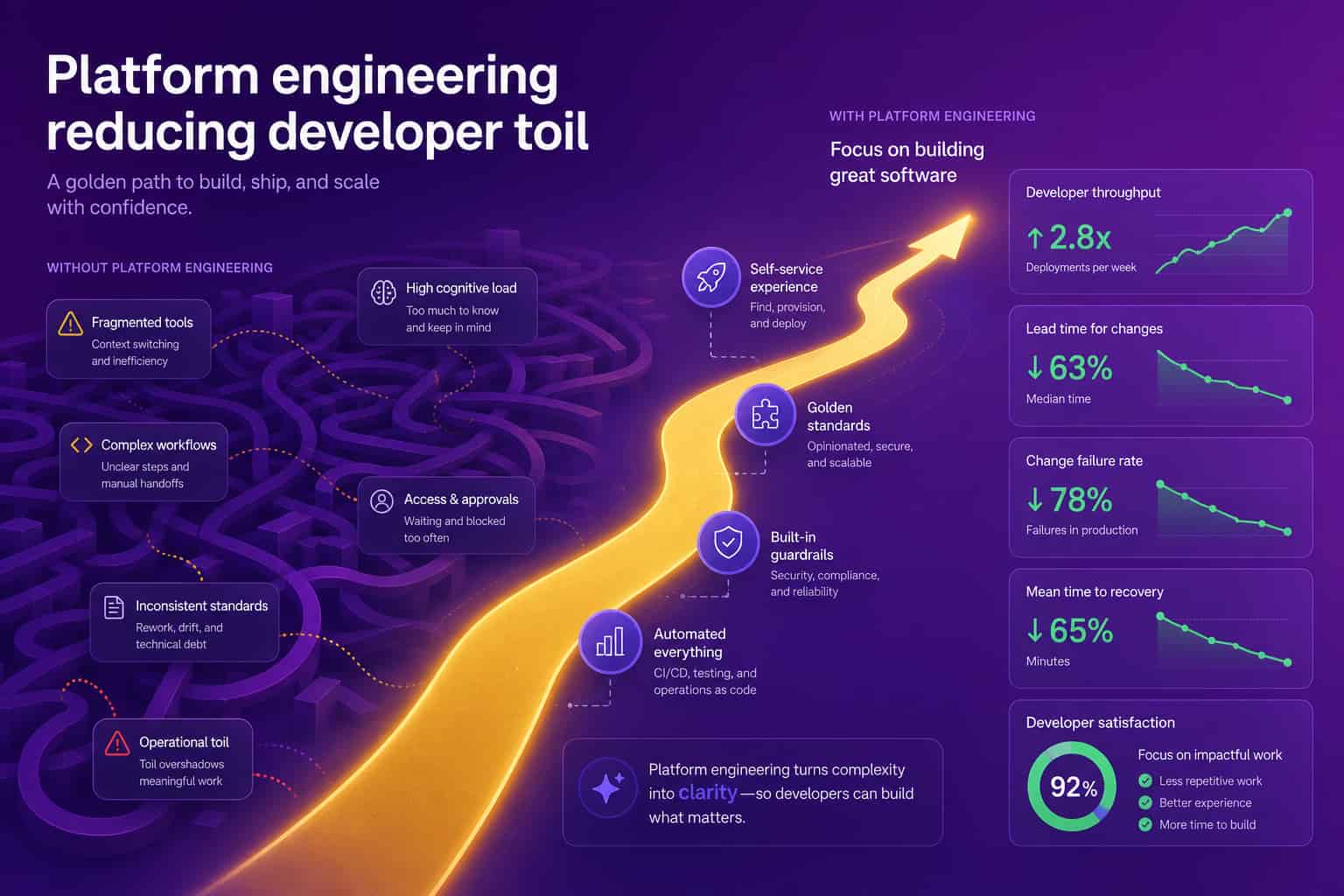 A golden path replacing tangled, high-friction developer workflows with a clear self-service route from code to production