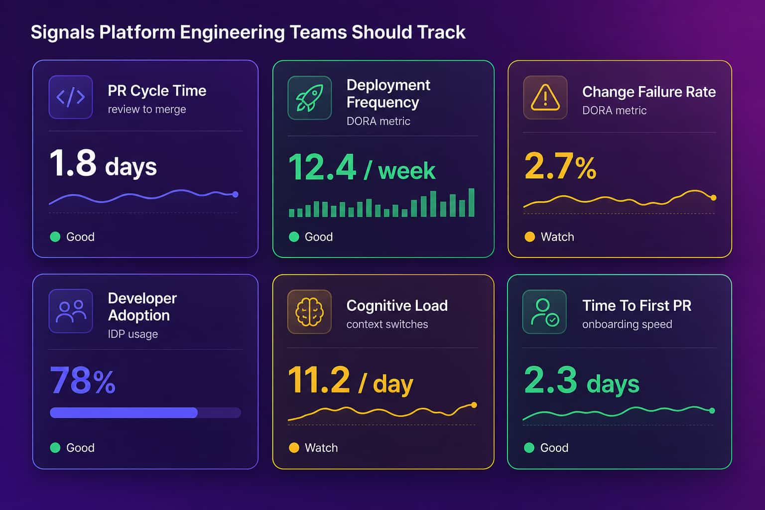 Six signal cards platform engineering teams should track: PR cycle time, deployment frequency, change failure rate, developer adoption, cognitive load, and time to first PR