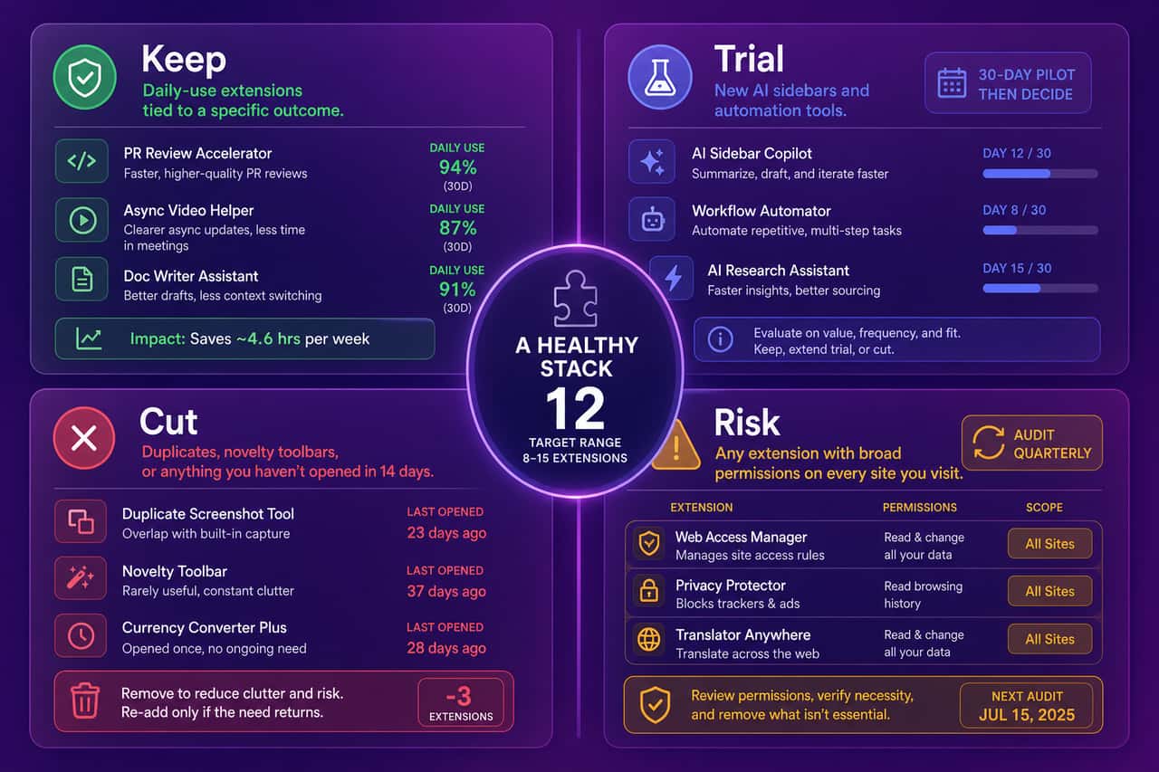 Quadrant infographic showing how to audit chrome extensions, with keep, trial, cut, and risk panels on a violet backdrop