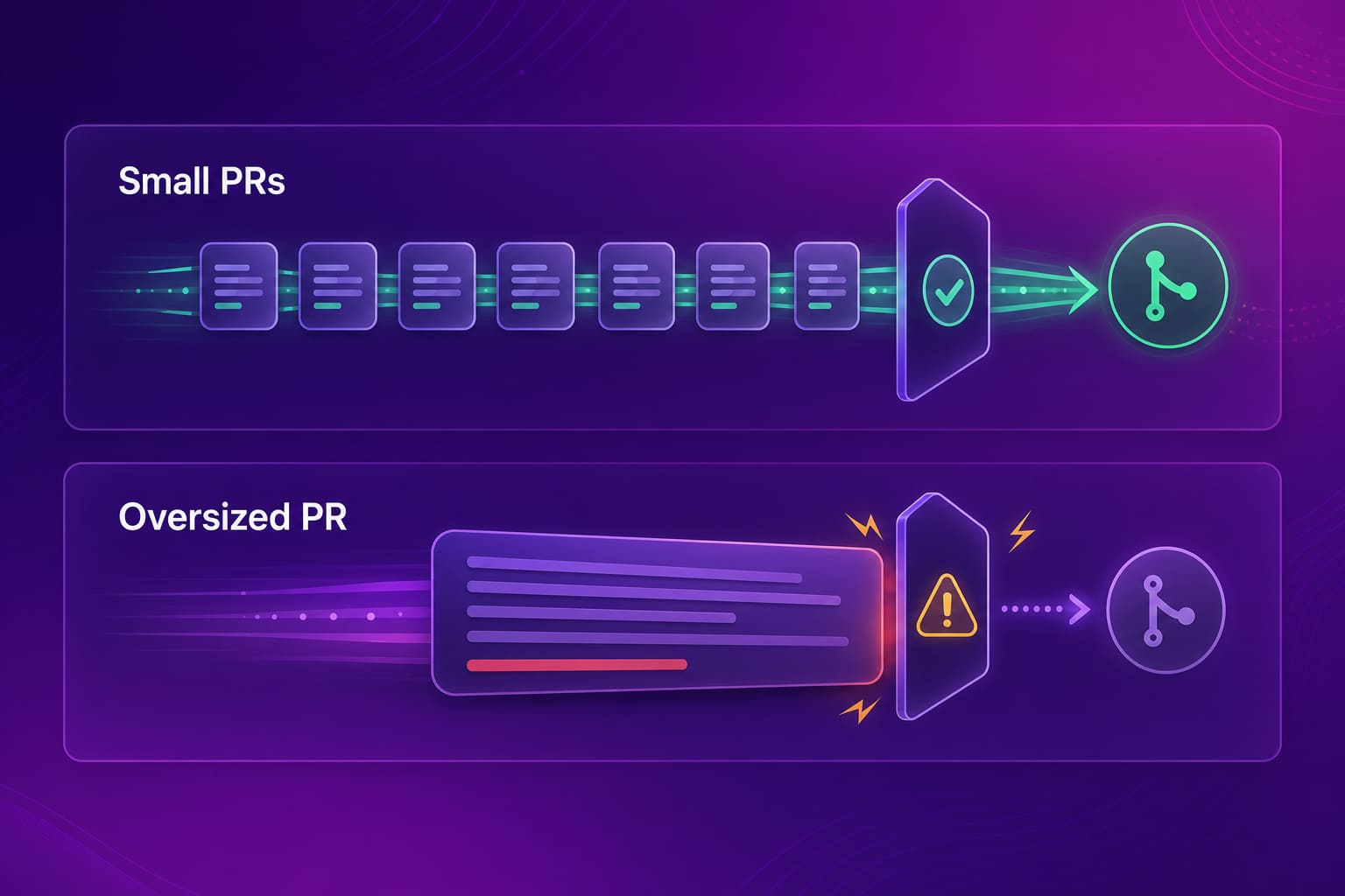 Small pull requests passing smoothly through a review gate while one oversized pull request is stuck