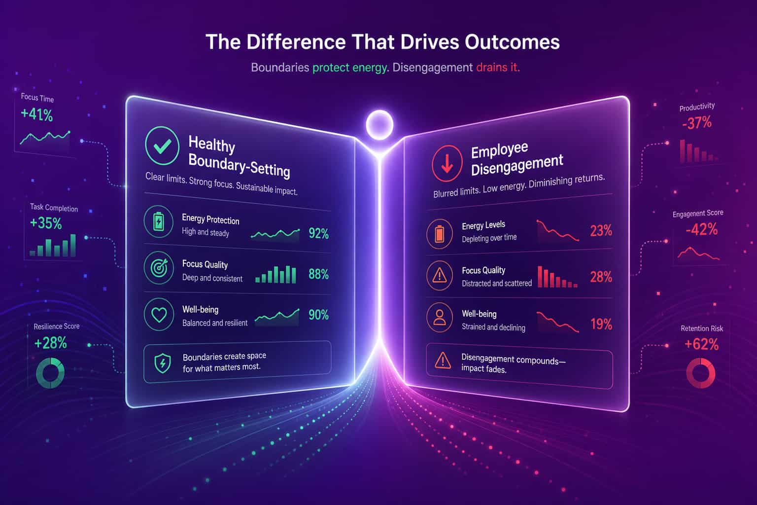 Split visual contrasting healthy boundary-setting with true employee disengagement patterns