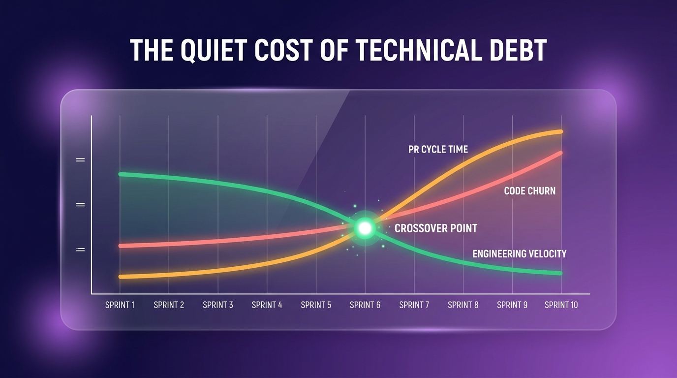 Technical debt impact shown as rising PR cycle time and code churn lines crossing a declining engineering velocity line over several sprints