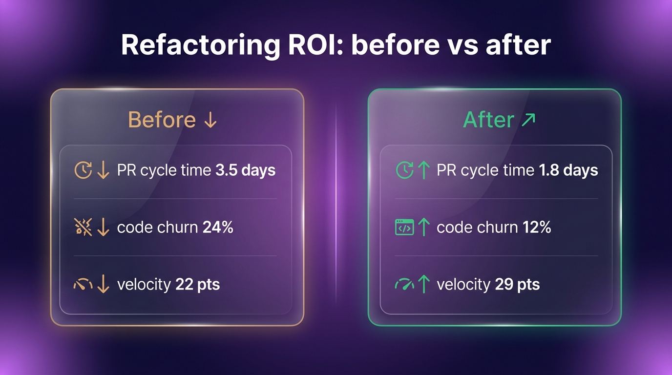Before and after refactoring metrics showing PR cycle time down, code churn down, and engineering velocity up across two quarters