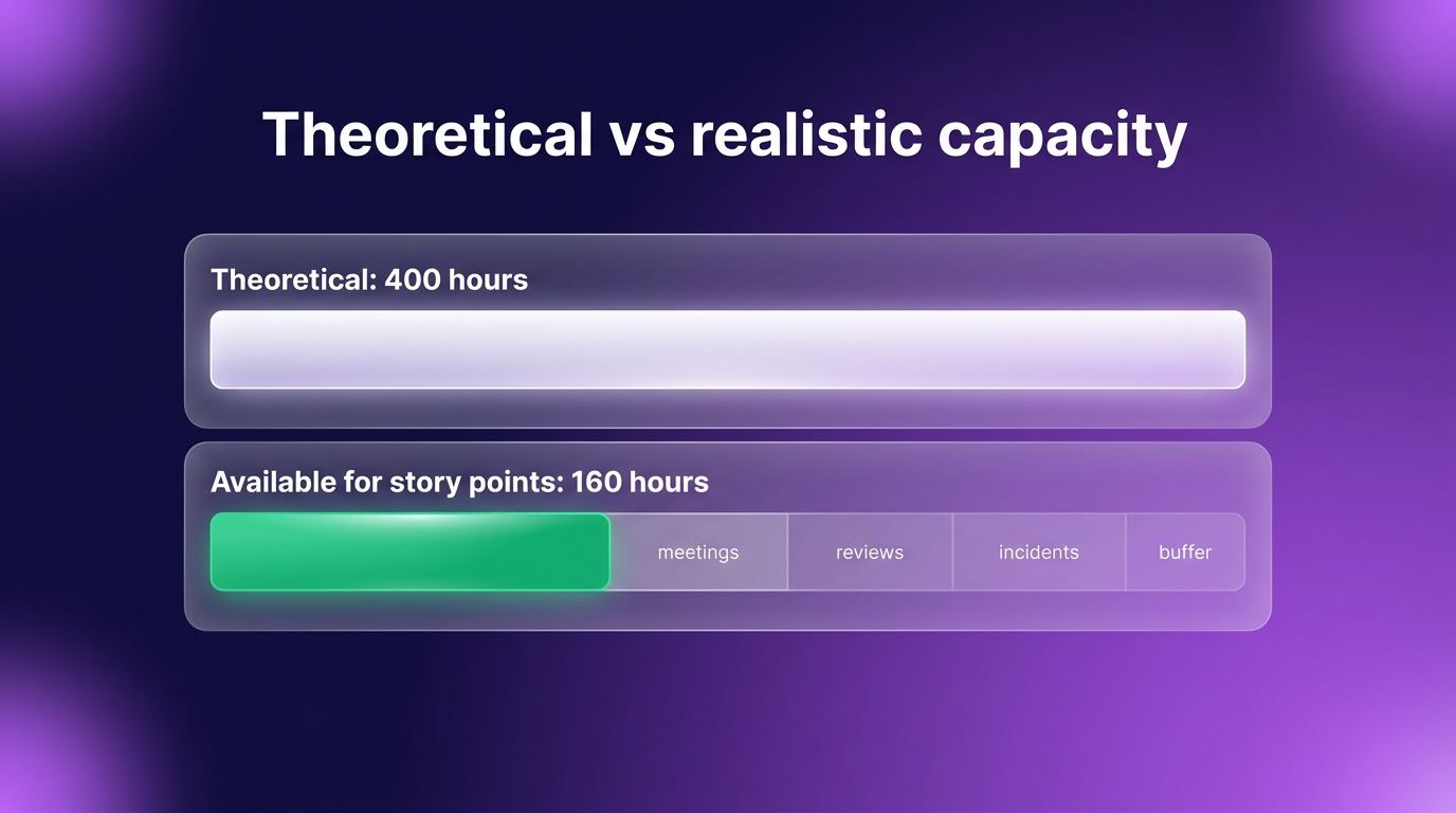 Theoretical versus realistic sprint capacity for a five-person team, showing 400 theoretical hours reduced to 160 hours available for story-point work after meetings, reviews, incidents, and buffers