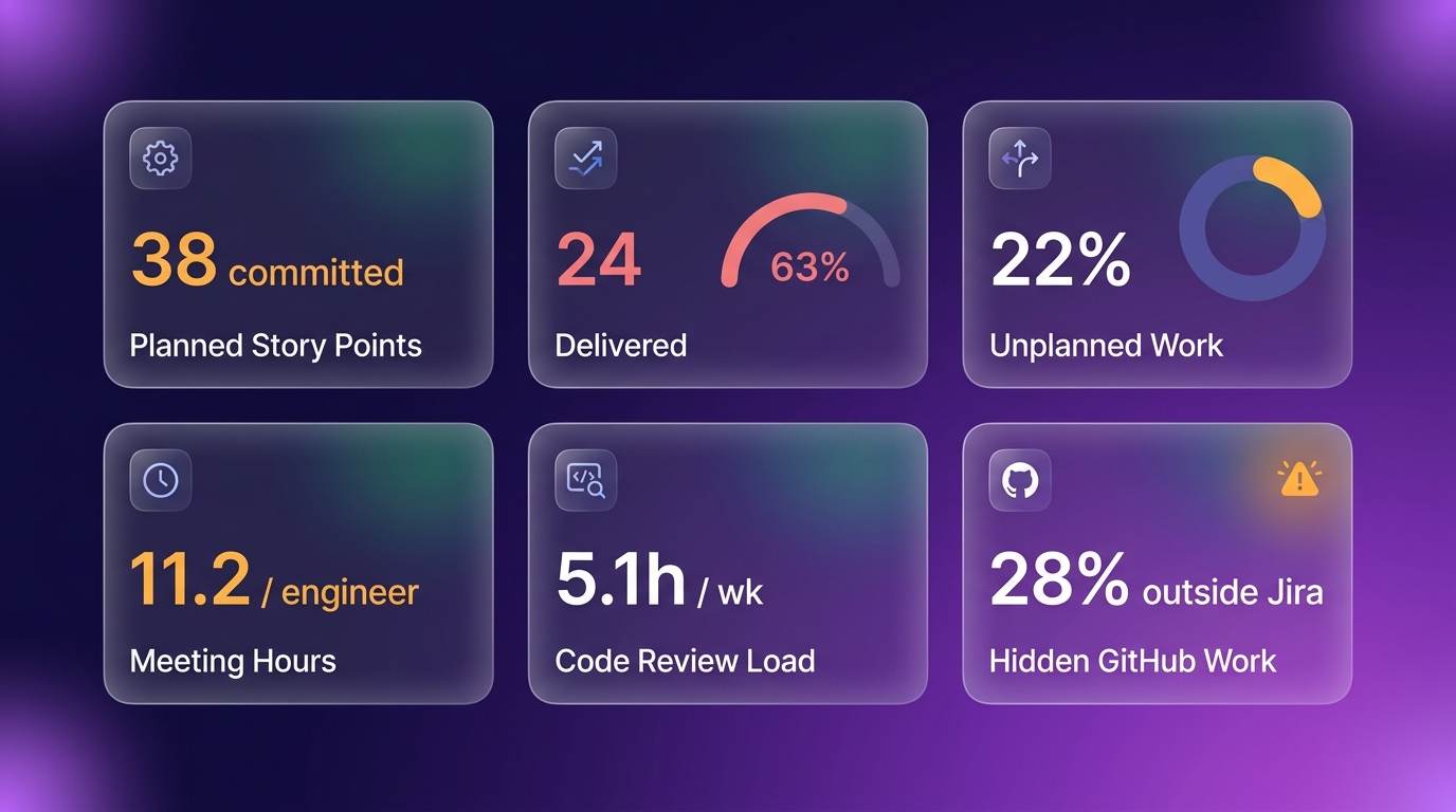 Workforce intelligence dashboard showing planned Jira story points versus actual GitHub activity, meeting hours, code review load, and unplanned work percentage