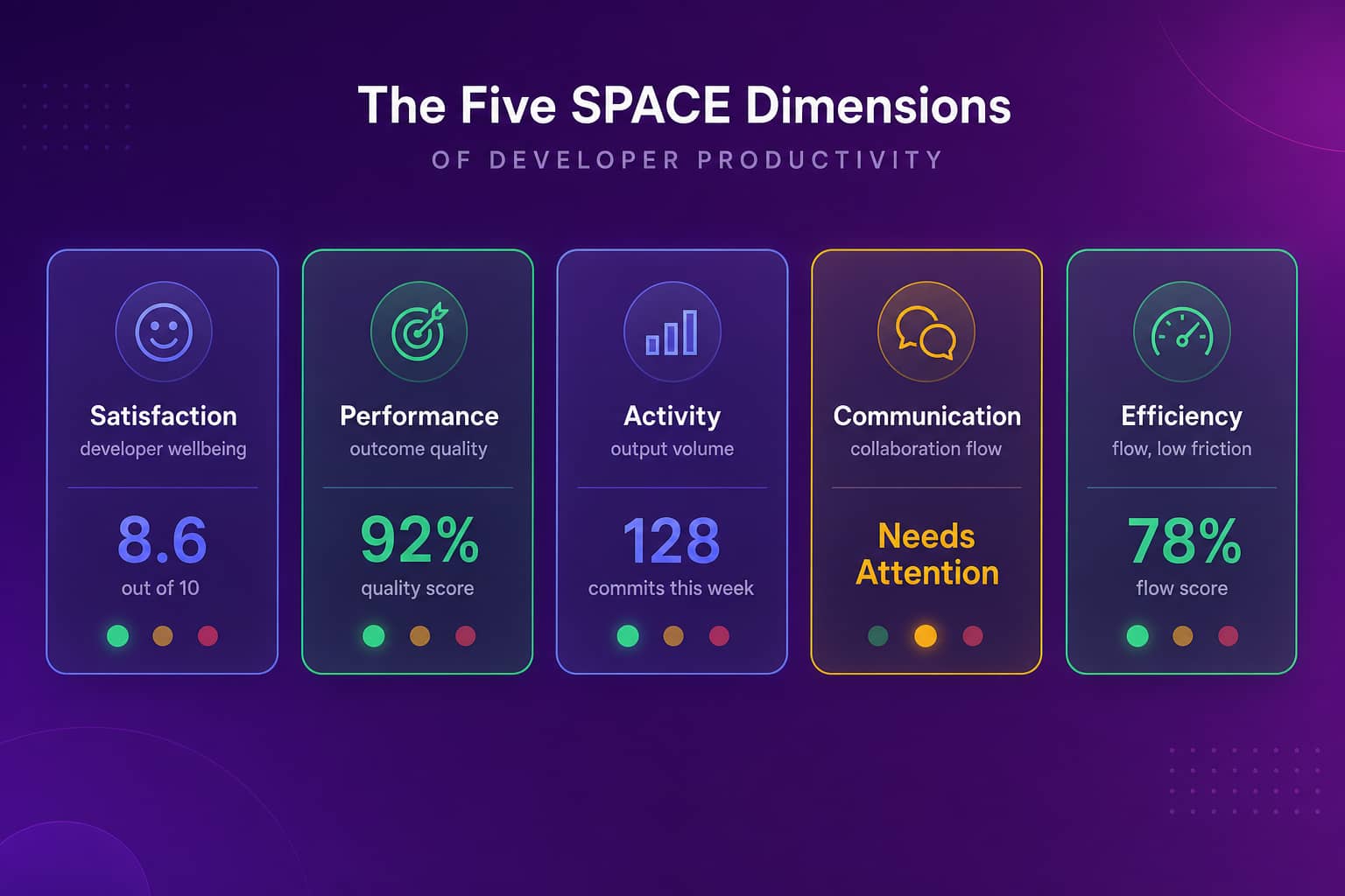 SPACE metrics framework showing the five developer productivity dimensions as cards