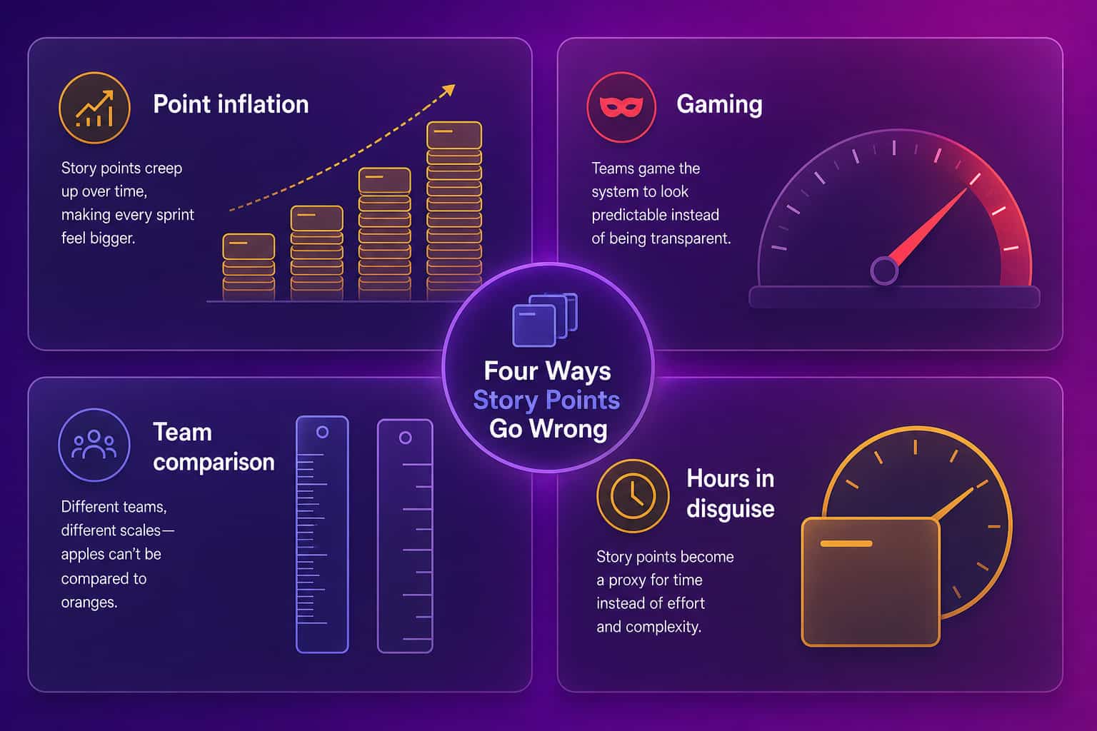 Four common ways story points go wrong: point inflation, gaming, team comparison, and hours in disguise