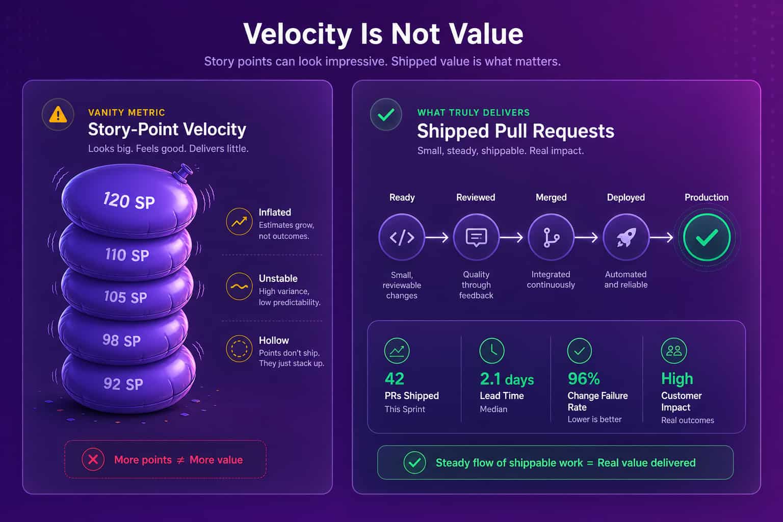 Story-point velocity shown as an inflated stack of tokens next to a steady line of shipped pull requests representing real delivery