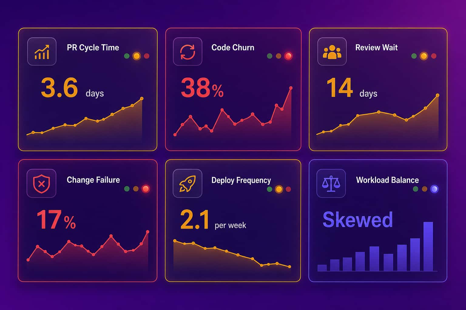 Grid of delivery-signal cards including PR cycle time, code churn, and review wait that reveal technical debt