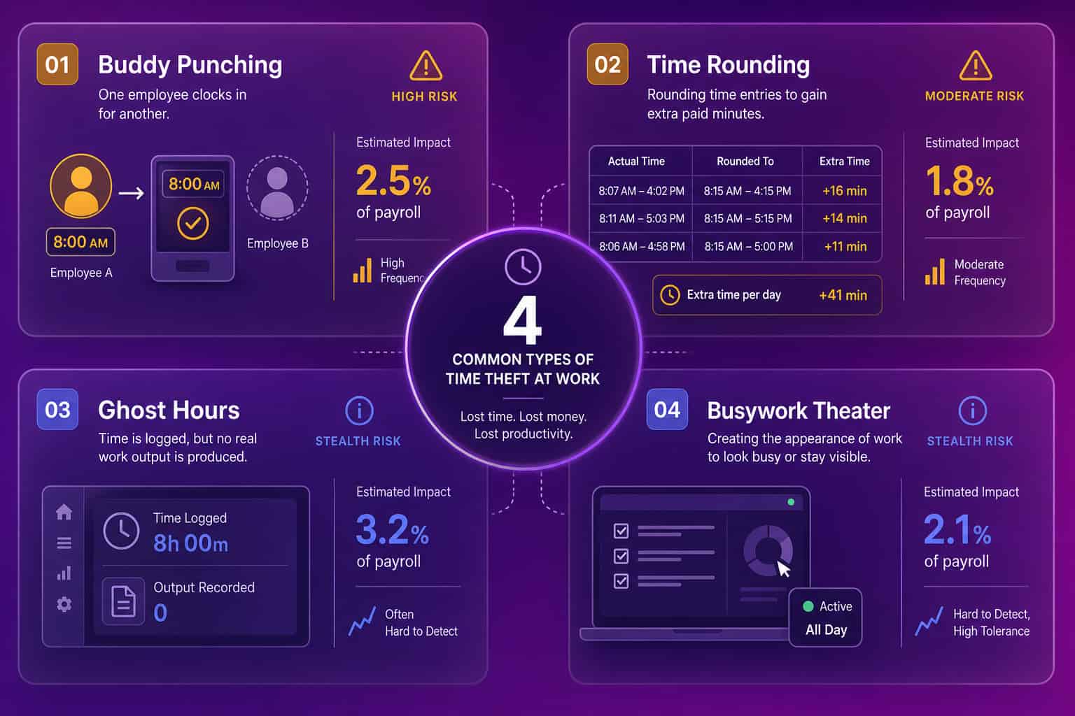 Four-quadrant infographic of common types of time theft: buddy punching, timesheet rounding, ghost hours, and busywork theater